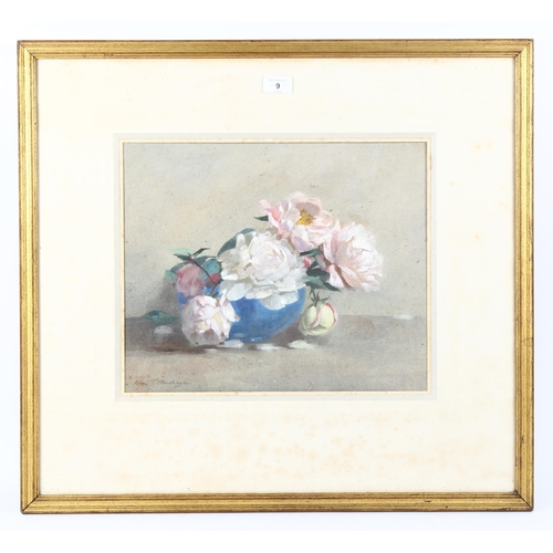 9 - William Thomas Wood (1877 - 1958), peonies and roses, signed with original label verso, 33cm x 40cm,... 