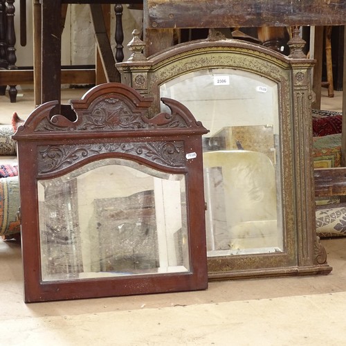 2299 - A cast-iron and brass-framed wall mirror, converted from a fireplace, W54cm, H60cm, and a carved mah... 