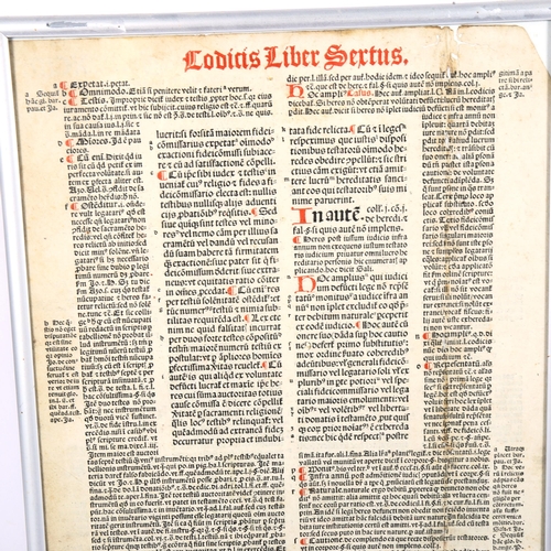 105 - 2 pages of Codias Liber Sextus, both framed, overall 33cm x 26cm (2)