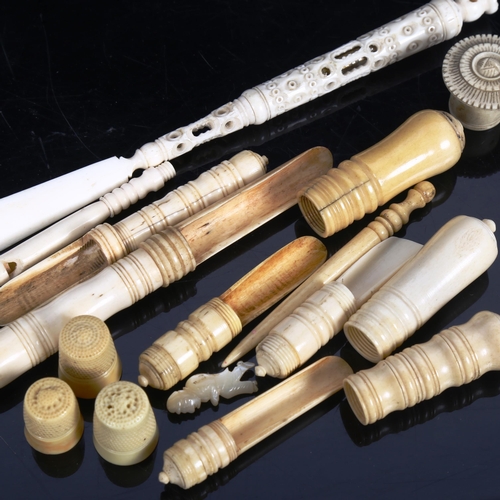 152 - Various carved bone and ivory, including paper knife, needle cases, thimbles etc