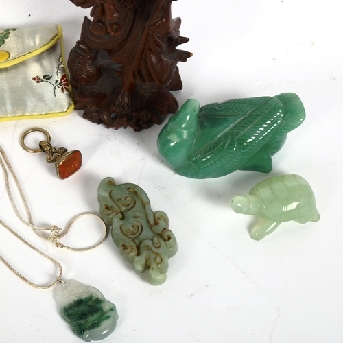 157 - Various carved jade, carved wood sage figure, intaglio seal fob etc