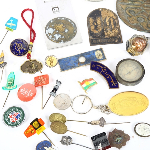 158 - Various collectables, including Indian jug, miniature mirror, badges, buttons etc (boxful)