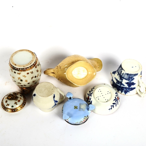 167 - Various ceramics, including 18th century lemon strainer, blue and white sparrow beak jug, enamel tab... 