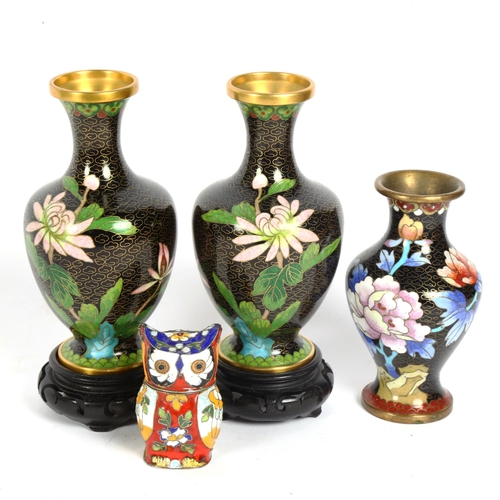 186 - 3 Japanese cloisonne enamel vases, and a small enamel owl box (4)