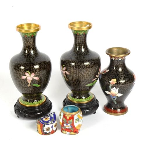 186 - 3 Japanese cloisonne enamel vases, and a small enamel owl box (4)