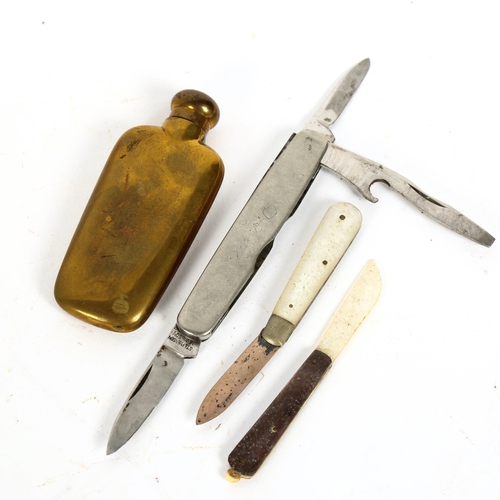 206 - A miniature brass hip flask, a silver-bladed mother-of-pearl fruit knife etc