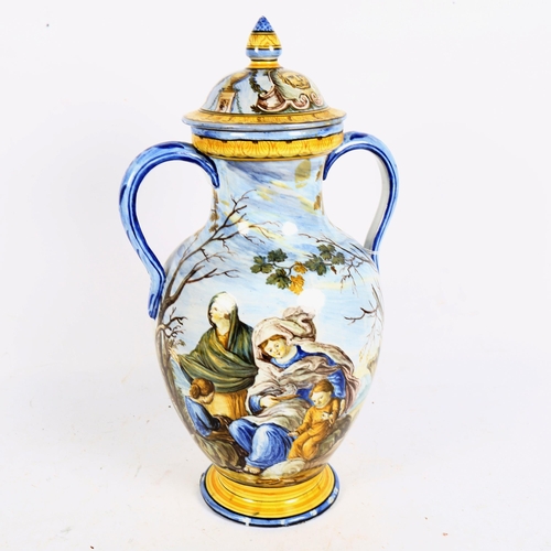 218 - An Italian faience pottery 2-handled jar and cover, height 42cm