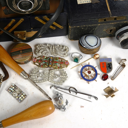 225 - Various collectables, including leather jewellery boxes, jewellery banded agate trinket box, Ensign ... 