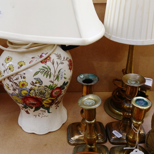 239 - 19th century brass candlesticks, a stoneware Harvest jug, table lamps, turned wood boxes etc