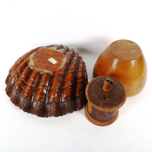 247 - A large carved mahogany clam shell bowl, a turned oak bowl, and turned wood twine dispenser (3)