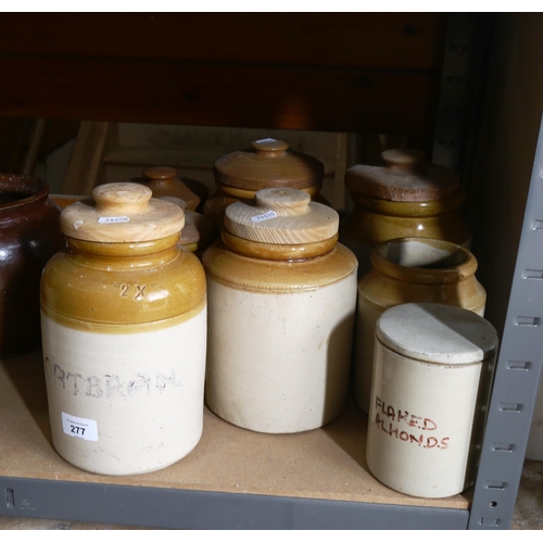 277 - A group of stoneware kitchen storage jars, and jugs