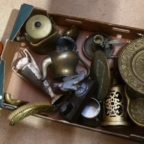 329 - Various brass and copper, including Art Nouveau crumb tray, desk stand etc (boxful)