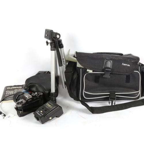 71 - OLYMPUS - an OM2000 single lens reflex camera, with tripod hot shoe flash, and softshell case