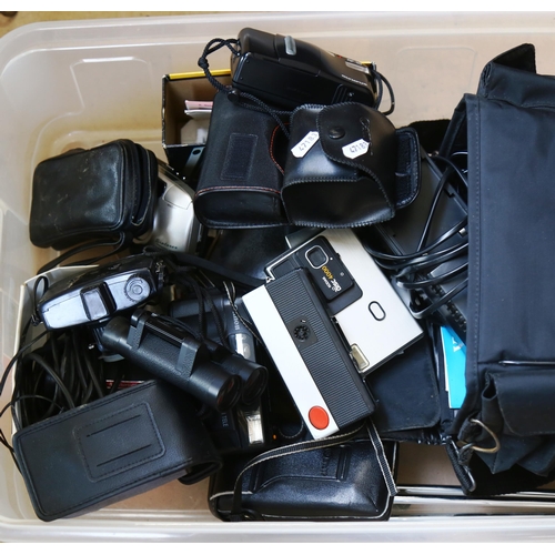 76 - Various cameras, binoculars and accessories, including Canon, Olympus etc (boxful)