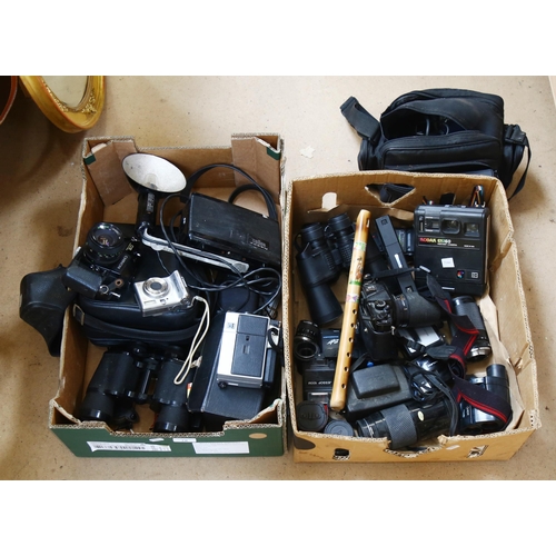 78 - A large quantity of cameras and binoculars, including Chinon CEII, Olympus Zuiko etc (2 boxes)