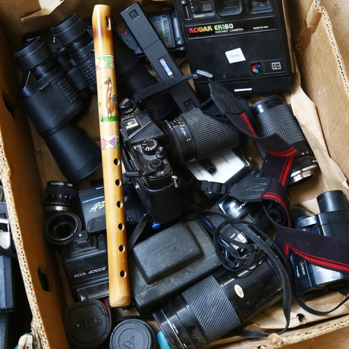 78 - A large quantity of cameras and binoculars, including Chinon CEII, Olympus Zuiko etc (2 boxes)