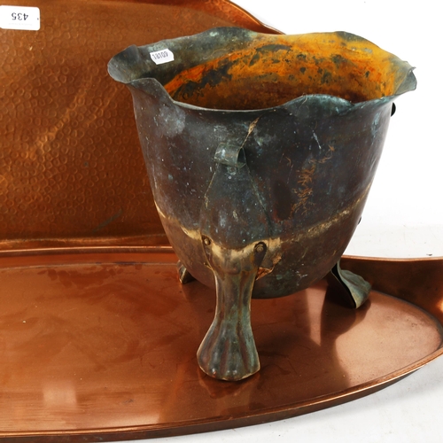 435 - Arts and Crafts Benson copper jardiniere, height 23cm, a copper tray, and a copper tray with hammere... 