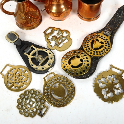 443 - Horse brasses, copper measure, tray etc