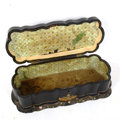 445 - A Victorian lobed lacquered box, with mother-of-pearl decoration, length 26cm