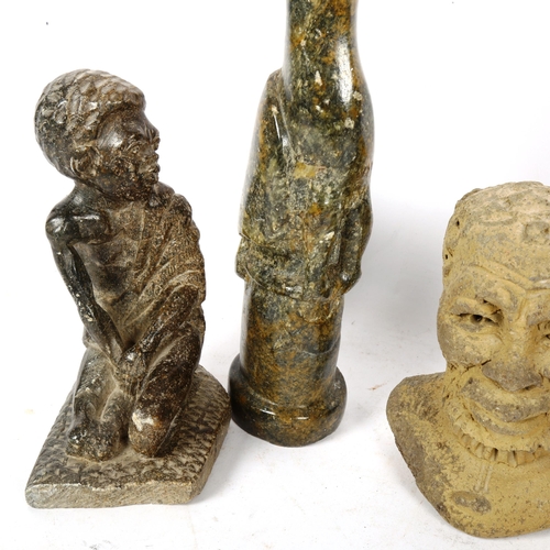 446 - A carved stone figure of a boy, 16cm, an African head, a bird, and a Serpentine Ware thermometer