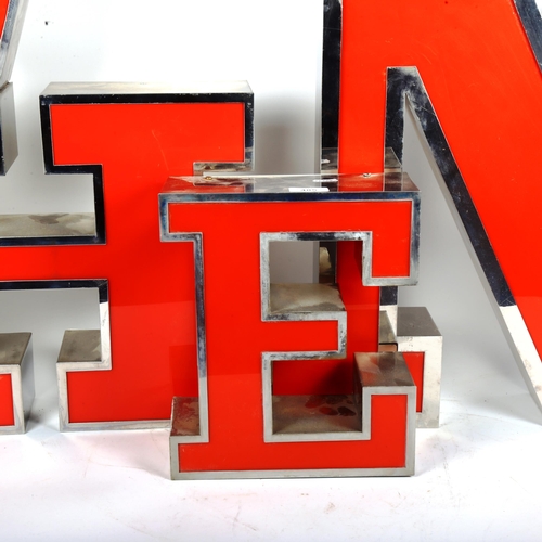 485 - A set of 4 polished chrome and red perspex letters, WHEN, tallest 50cm, with electrical wiring for r... 