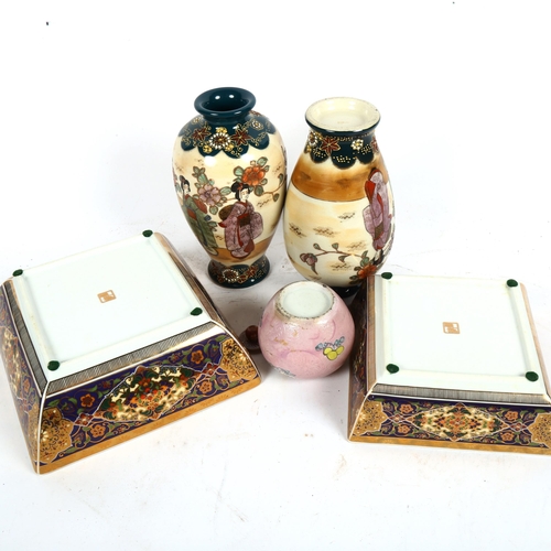 496 - A Japanese pink pot with enamelled flowers, height 8cm, a pair of vases, and 2 graduated dishes