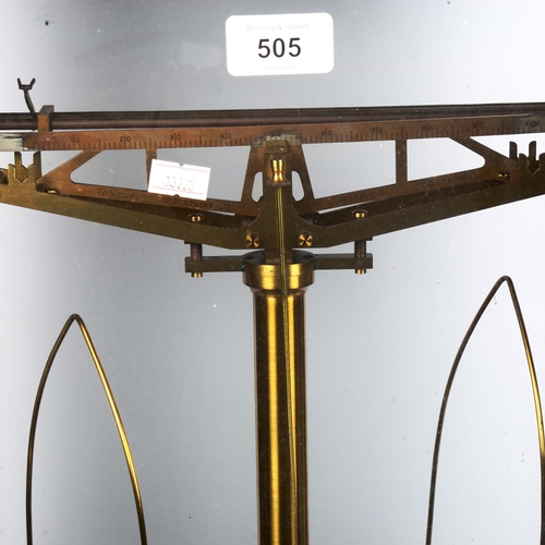 505 - A Gertling brass balance scale, in mahogany case with drawer under containing accessories, height 56... 