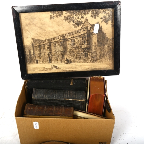 520 - Bibles, a print, a 19th century box, and a bellows