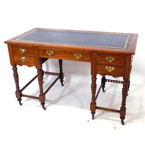 2078 - An early 20th century kneehole writing desk, with blue leather skiver and 5 drawers, W122cm, H75cm, ... 