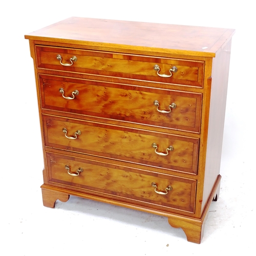 2083 - A reproduction yew wood chest of 4 long drawers, W86cm, H92cm, D44cm