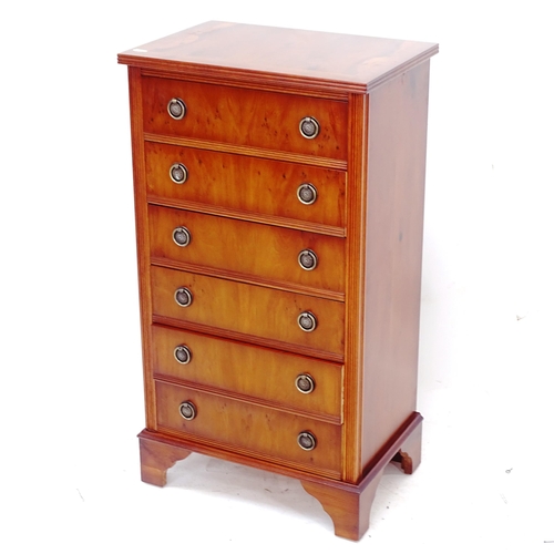 2084 - A reproduction narrow yew wood chest of 6 drawers, W47cm, H83cm, D33cm