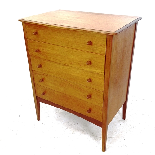 2096 - A good quality mid-century Danish design teak chest of 5 drawers, W76cm, H94cm, D50cm