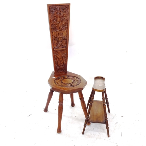 2100 - An Italian design hall chair with carved back and seat, and a shoe fitting stool (2)