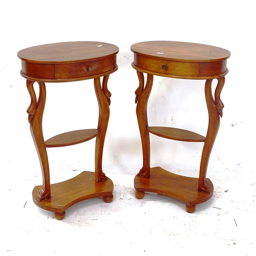 2103 - A pair of oval swan-neck bedside tables, W40cm, H65cm, D30cm