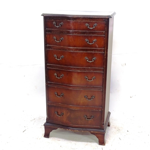 2111 - A narrow mahogany serpentine-front chest of 6 drawers, W54cm, H104cm, D43cm