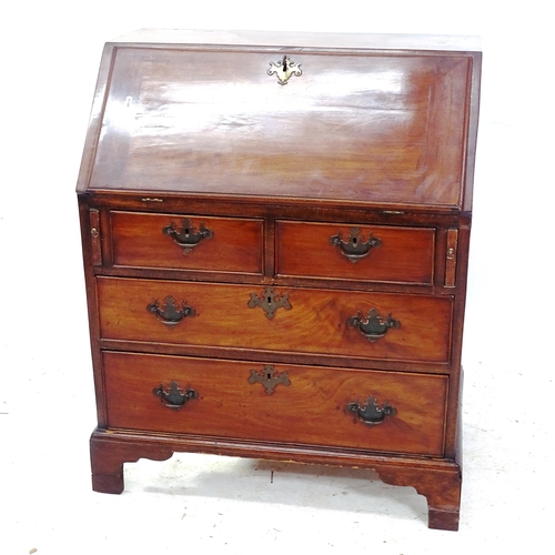 2113 - A Georgian mahogany bureau with fitted interior, and 2 short and 3 long drawers, W76cm, H95cm, D47cm