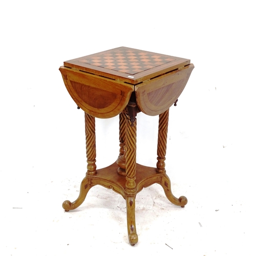 2122 - An oak square games-top drop leaf occasional table, with turned wood chess set