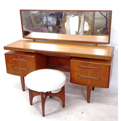 2290 - A mid-century G Plan teak Fresco dressing table, with stool, W153cm, H120cm, D48cm