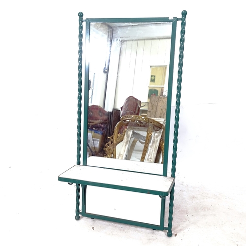 2298 - A green painted cast-iron framed Barber's mirror, with integrated shelf, W66cm, H137cm