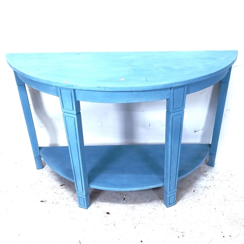 2305 - A blue painted demilune 2-tier console table, W125cm, H77cm, D47cm