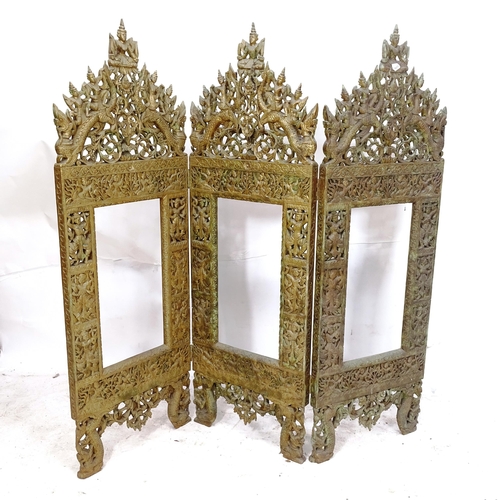 2318 - An Antique giltwood 3-fold screen, with relief carved and pierced decoration, individual panel W46cm... 