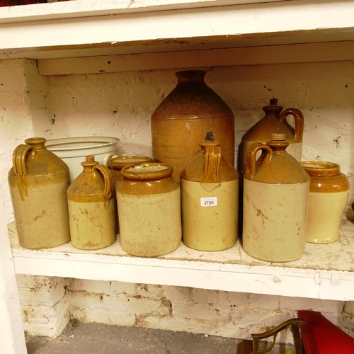 2720 - 11 various salt glazed flagons and bottles, slop bucket etc