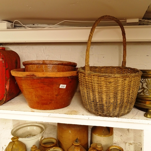 2722 - 2 terracotta crocks, a wicker basket etc