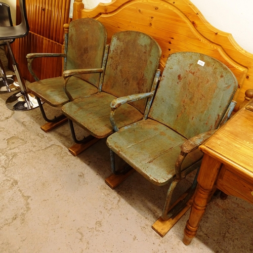 2736 - A row of 3 Vintage metal barber's chairs, W145cm