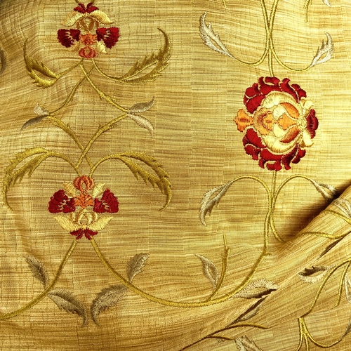 2757 - A pair of brown silk and floral stitched lined curtains, drop 206cm, width 300cm approx