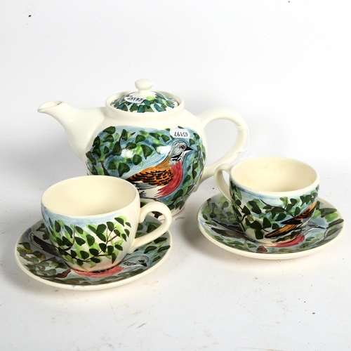 775 - Rye Pottery teapot and 2 cups and saucers painted by Steve Duffy