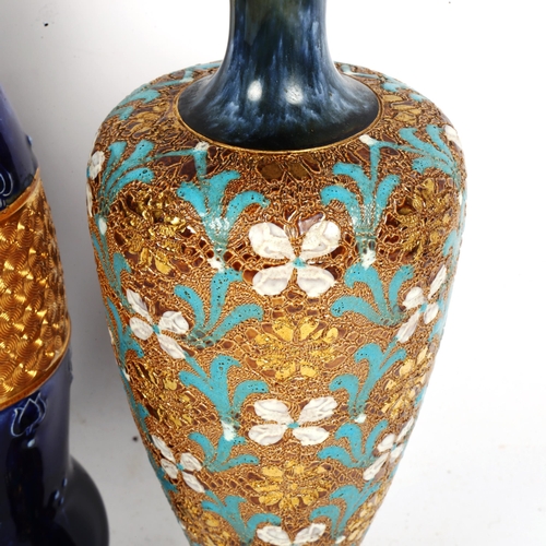 777 - A Royal Doulton stoneware vase with tube-lined frieze, 24cm, and 2 smaller Doulton vases