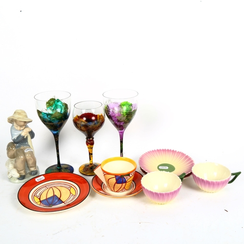 779 - 3 glasses, Wedgwood Clarice Cliff trio etc