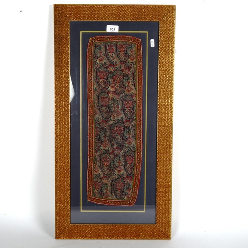 805 - A framed embroidered paisley panel, overall 77cm x 40cm