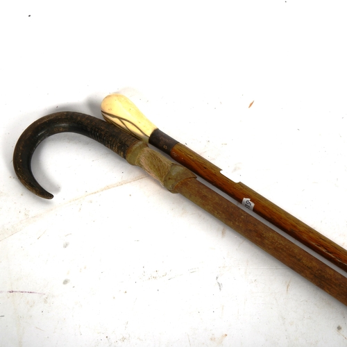 809 - A marine ivory-topped walking cane, and a goat horn and hoof alpine trekking stick (2)